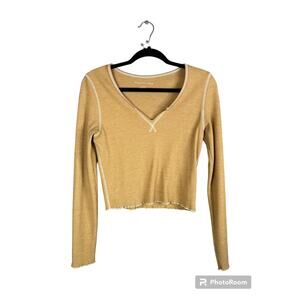 American Eagle Mustard Yellow Long Sleeve V Neck Thermal Crop Top Size Medium